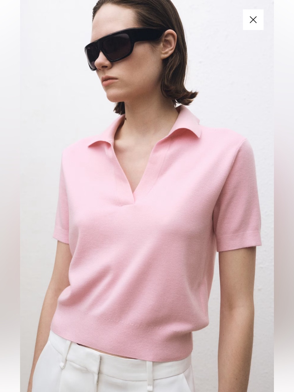 Mango Pale Pink Short-Sleeve V-Neck Collared Knit Top